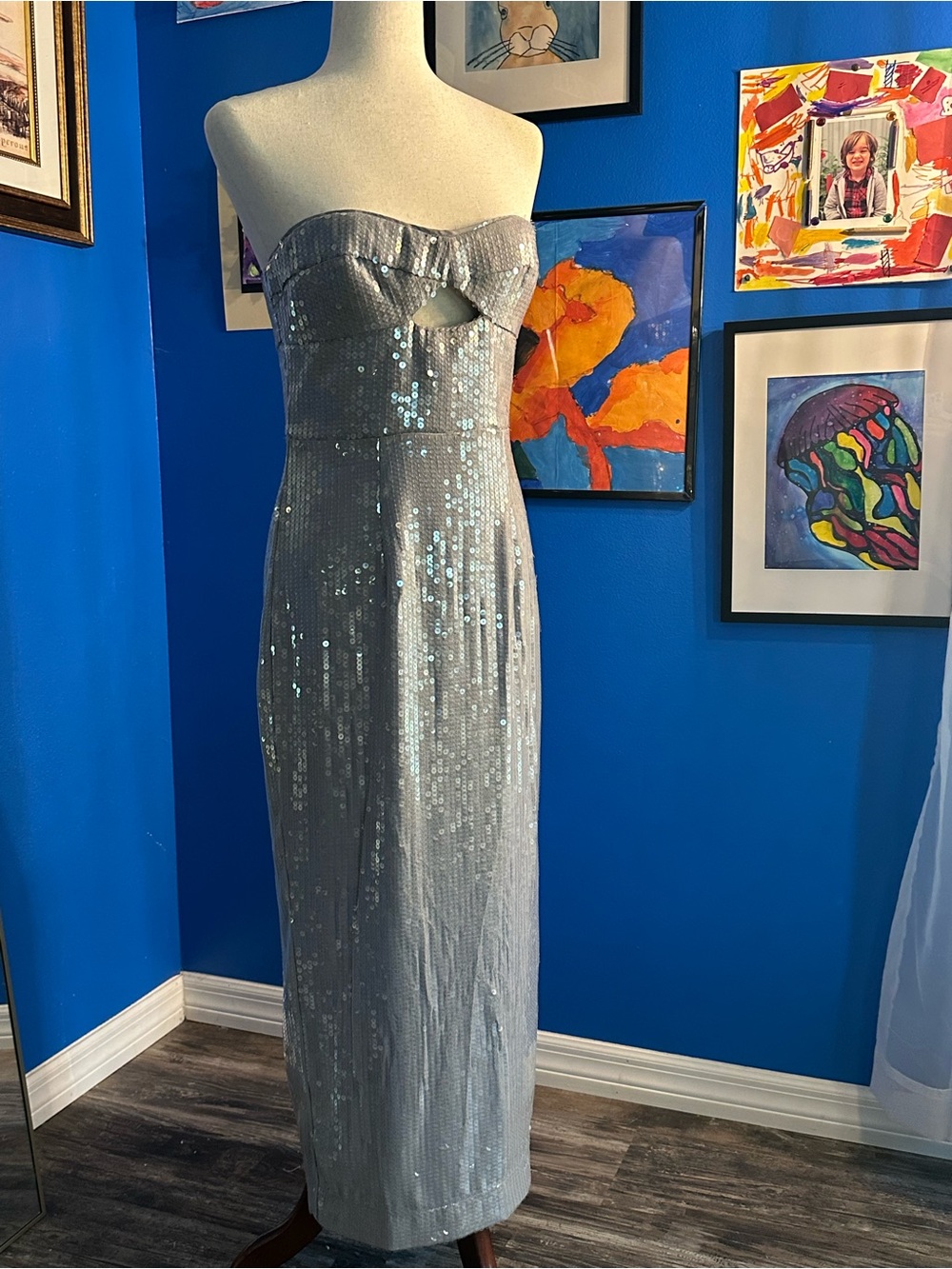 Bardot Silver Sequin Strapless Midi Dress Keyhole Size Medium